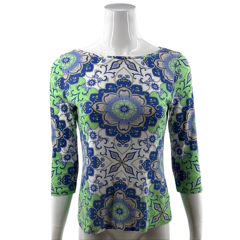 Talbots Womens Top Size Small Petite Boatneck Pima Cotton Floral Printed Tee